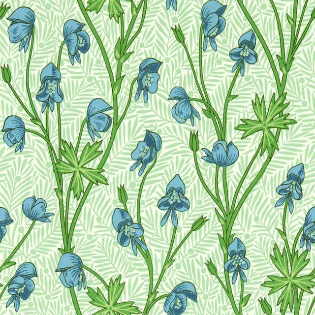 Morris & Co Monkshood Wallpaper in Cobalt/Goblin Green - a Sample For Sale