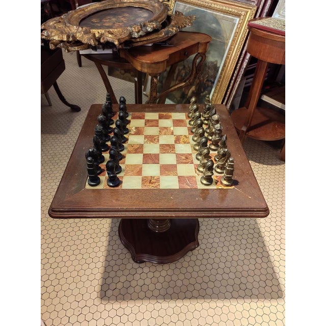 Rosewood Chess Table with Marble Top and Chess Set in Brass and Bronze, 1930s For Sale - Image 5 of 15