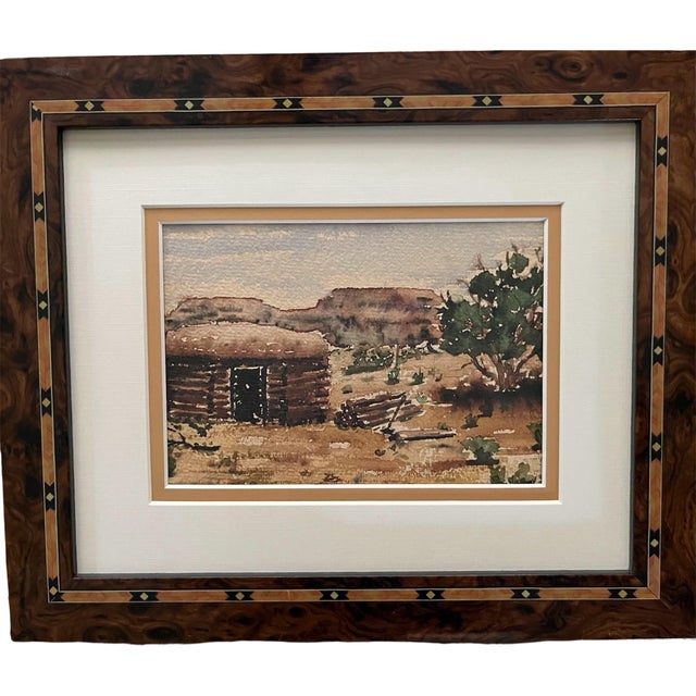 Mid-Century Style Rustic Cabin Original Watercolor With Inlaid Burl Frame For Sale - Image 4 of 5