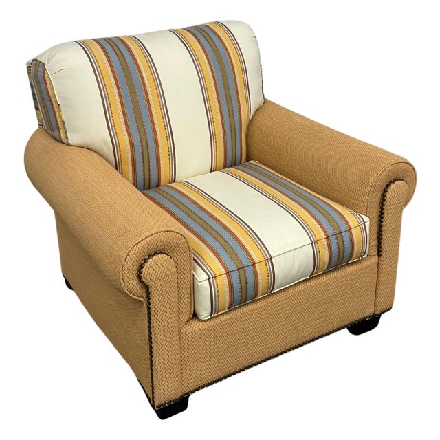 Hickory Chair Roll-Arm Club Chair With Striped Cushions & Nailhead Trim For Sale