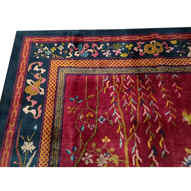 Art Deco 1920s Ruby Red Scene Floral Antique Chinese Art Deco Carpet 9' X 14' Knotted Wool Rug For Sale - Image 3 of 9