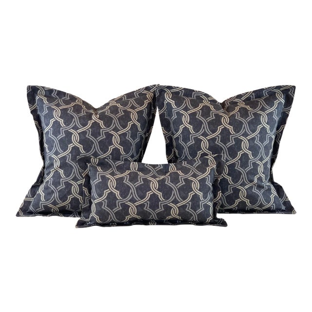 Designer P Kaufmann Waverly Gray & Ivory Fretwork Geometric Lattice Trellis Pillow Covers- 3 Pieces For Sale