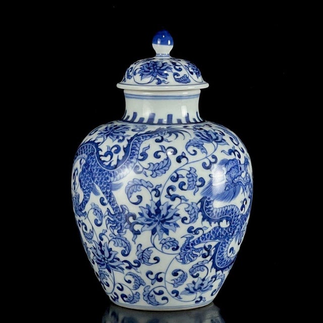 Late 20th Century Vintage Blue & White Porcelain Lidded Jar With Dragon & Floral Motif For Sale - Image 5 of 9