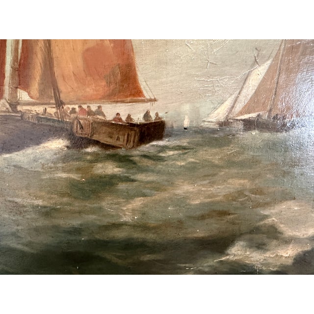 Antique Oil Painting Dutch Marine Seascape Sailing Boats Coastal Scene Unsigned For Sale - Image 4 of 10