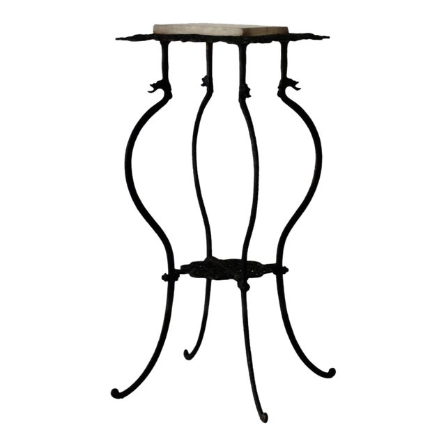 Vintage Wrought Iron Two Tier Marble Victorian Dragon Head Details Jardinière Plant Stand For Sale