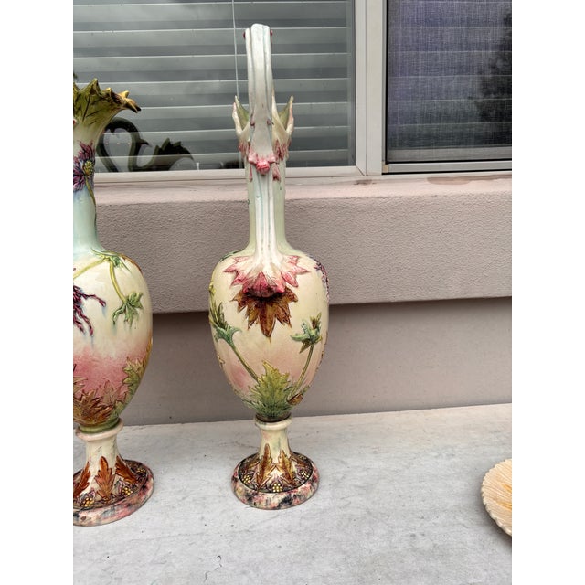 Delphin Massier Large 19th Century Pair of Ewers Thistles Vases Delphin Massier For Sale - Image 4 of 9