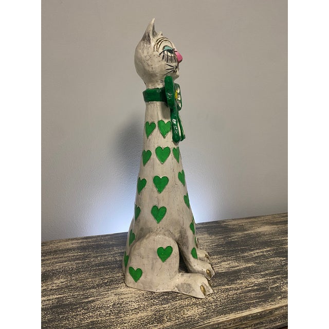 Vintage Jeanne Valentine–Attributed Cream and Green Papier-Mâché Cat Sculpture For Sale - Image 4 of 9