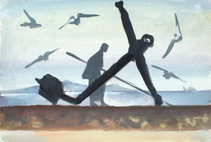 1940s Gouache on Paper of Figures & a Ship’s Anchor by Andre Delfau