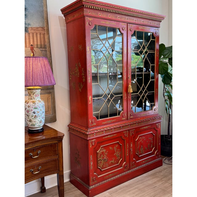 Scarlet Mid-20th Century Scarlet Chinoiserie Bookcase Cabinets For Sale - Image 8 of 12