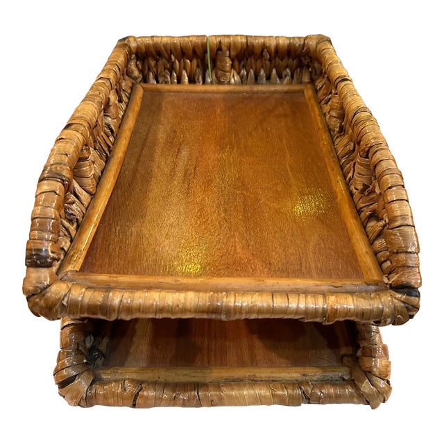 1970s Vintage Rattan/Banana Leaf 2 Tier Paper Holder For Sale