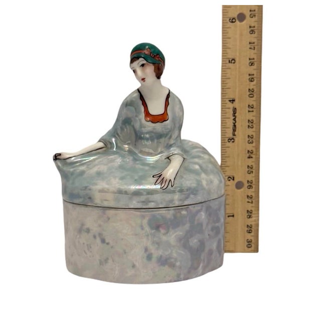 1930’s Noritake Lusterware Art Deco Lady Powder Box Vanity Dresser Jar (A-17). For Sale - Image 10 of 10