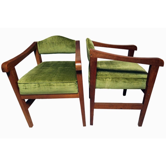1930s Amsterdam School Armchairs with Green Velvet Upholstery and Wooden Frames, 1930s, Set of 2 For Sale - Image 5 of 6