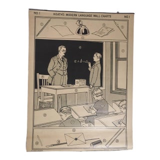 1926 Vintage Double-Sided Heath's Modern Language Wall Chart No. 1 Classroom Poster For Sale