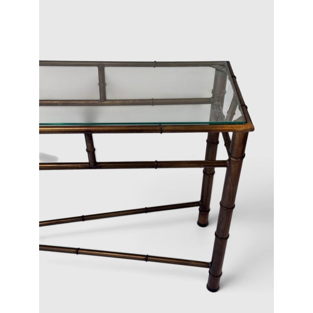 1970s Hollywood Regency Faux Bamboo Bronze Tone Metal Console Sofa Table For Sale In New York - Image 6 of 15