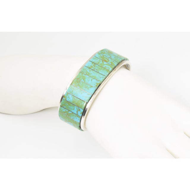 Metal Vintage Teme Southwestern Turquoise Channel Inlay Sterling Silver Cuff for a Man or Large Woman's Wrist For Sale - Image 7 of 11