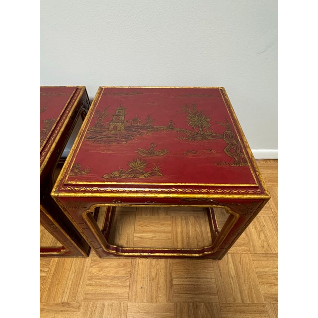 Vintage Asian Style Red Lacquer Chinoiserie Side Tables – Pair For Sale - Image 4 of 10