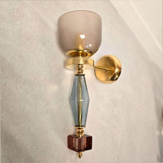 Mid-Century Modern 1990s Pair of Blue and Purple, Mid-Century Modern, Murano Glass Sconces For Sale - Image 3 of 10