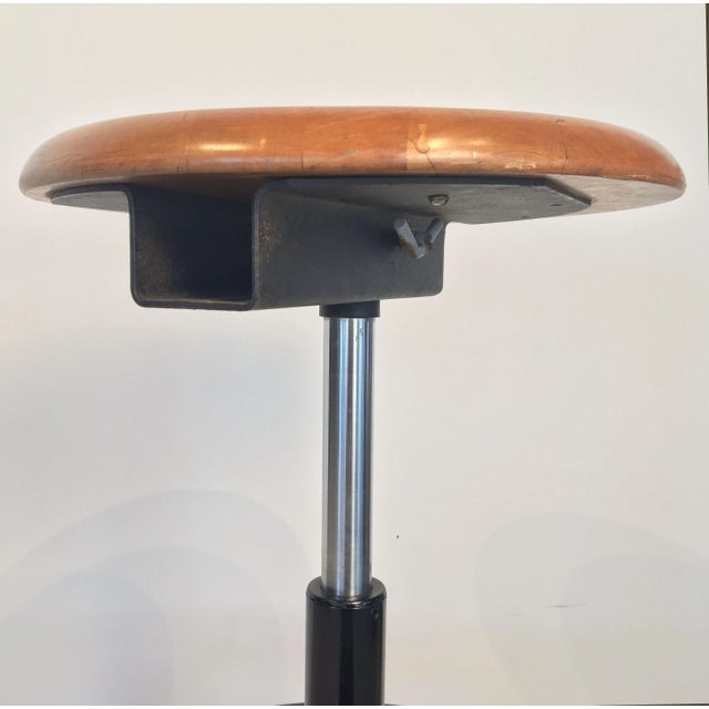 Mid 20th Century Black Metal and Chrome Bar Stools With Round Wood Seats 'Four Available' For Sale - Image 5 of 12