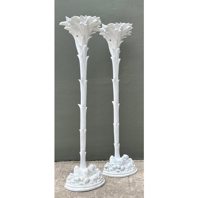 Late 20th Century Vintage Regency Cast Plaster Palm Torchere Lamps After Serge Roche - a Pair For Sale - Image 5 of 12