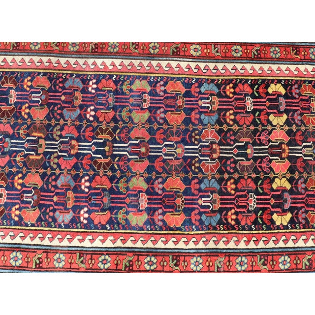 Blue Late 19th Century Colorful Antique Kazak Long Runner With Multi-Geometric Motifs on a Navy Field For Sale - Image 8 of 12