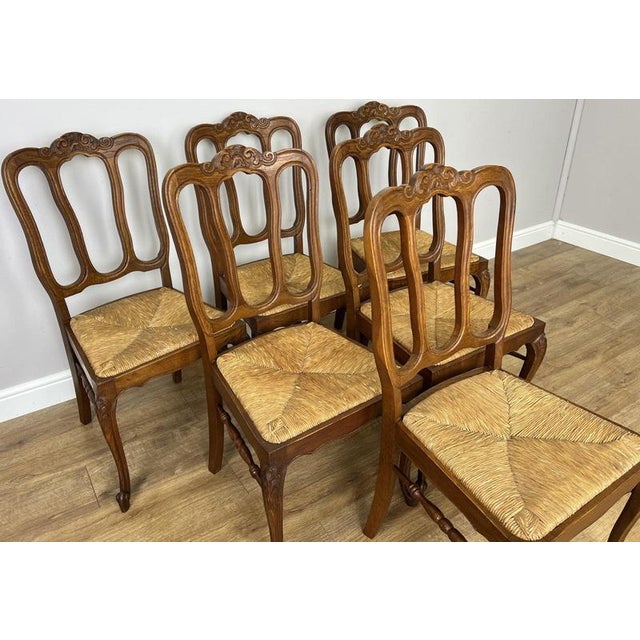 Vintage French Dining Chairs in Oak with Rush Seats, Set of 6 For Sale - Image 6 of 17