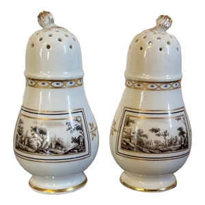 Richard Ginori Italian Porcelain Salt & Pepper Shakers in the Fiesole Pattern With Landscapes Painted en Grisaille - a Pair
