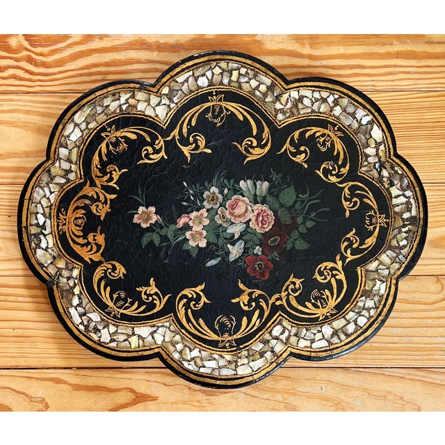 Antique 19th C Black Lacquered Floral Mother of Pearl Paper Mache Scalloped TableTop/Wall Hanging 22"x18"x 1 1/2" c1880's....