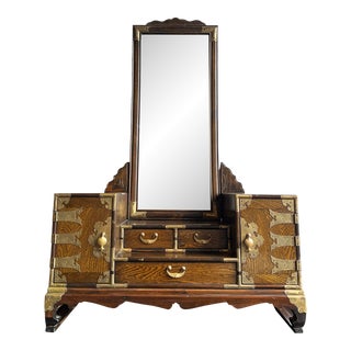 Vintage Japanese Showa Era Elm Wood Kyodai Vanity / Dressing Mirror Tansu Chest For Sale