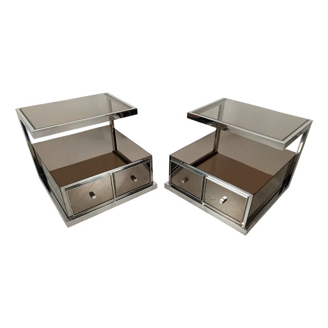 Vintage Chrome Mirrored Bedside Tables by Michel Pigneres, 1970s, Set of 2 For Sale