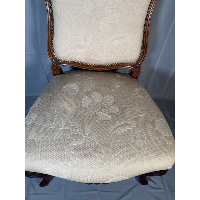 Late 19th Century Late 19th Century Louis XV Carved Walnut Side Chair, Cream Damask For Sale - Image 5 of 14