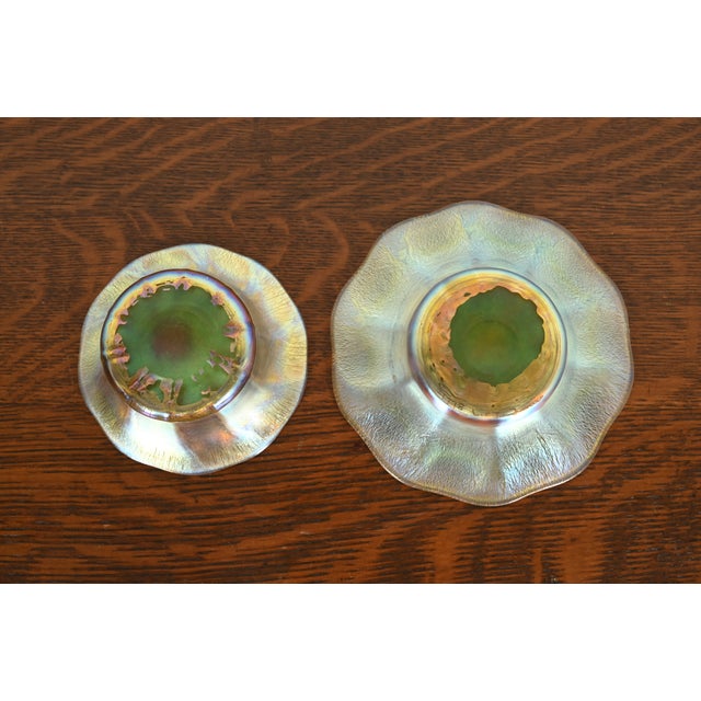 Glass Louis Comfort Tiffany Favrile Iridescent Art Glass Ruffled Edge Finger Bowl With Underplate For Sale - Image 7 of 11