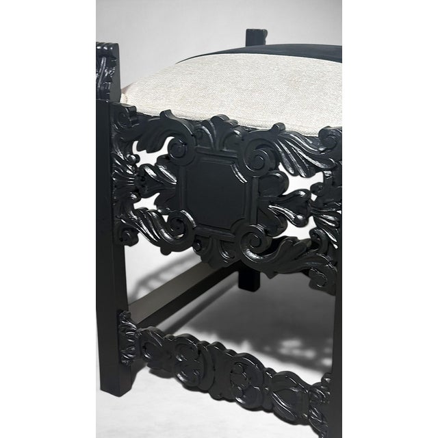 Wood Late 19th Century Italian Neo-Renaissance Style Bench Carved Wood and Linen Blend and Velvet For Sale - Image 7 of 18