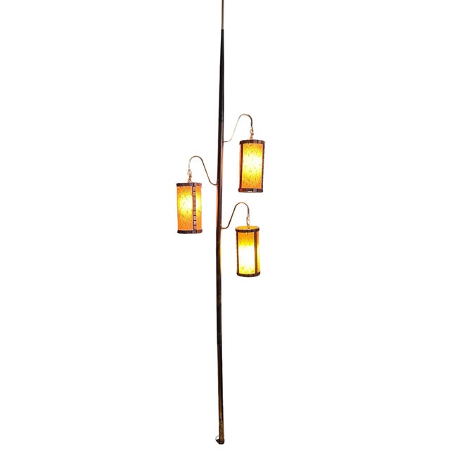 Mid-Century Modern Mid-Century Modern 1960s 3-Light Tension Pole Lamp With Amber Lantern Shades For Sale - Image 3 of 8