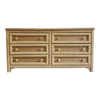 Vintage Henry Link Wicker 6-Drawer Dresser With Glass Top For Sale