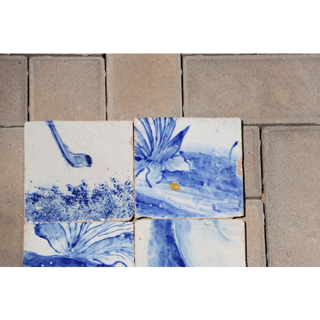 Baroque Antique Set of 6 Baroque Portuguese Tiles, 18th Century Blue & White Scenic and Botanical Details For Sale - Image 3 of 10
