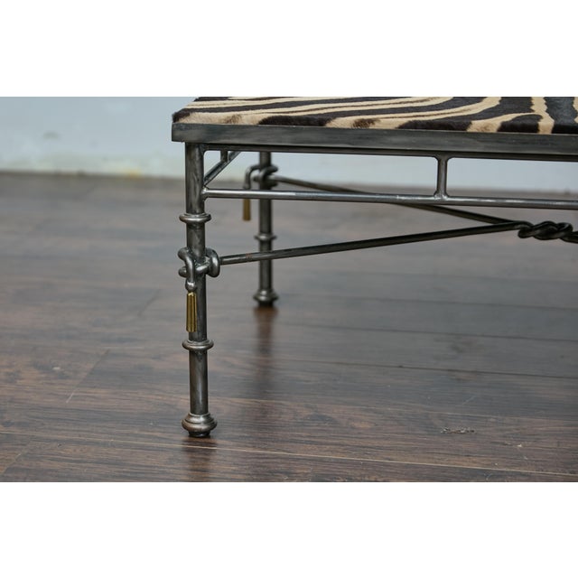 Black Eclectic Midcentury Zebra Hide Top Metal Coffee Table with Petite Gilt Tassels For Sale - Image 8 of 12