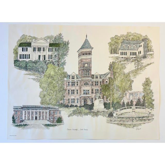 Illustration 1980s Clemson University Campus Print by Liz Bryant – Hand-Colored Architectural Illustration, 24” X 18” For Sale - Image 3 of 3