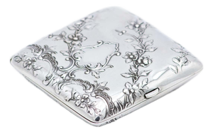 Art Nouveau Square Silver Cigarette Case with Embossed Floral Motifs and Gilt Interior