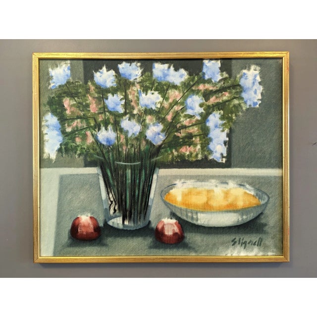 ETHEREAL STILL LIFE Size: 53.5 x 64.5 cm (including frame) Oil on Canvas A soothing and elegant mid-century still life...