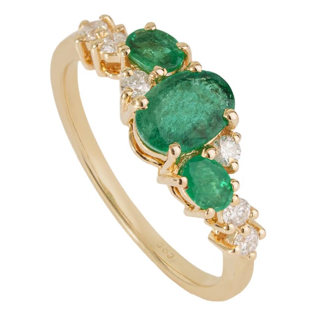 14k Gold 1.09ct Natural Oval Emerald & Diamond Cluster Ring Size 6.5 For Sale