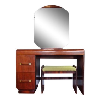 Vintage Art Deco Waterfall Vanity With Mirror and Stool For Sale
