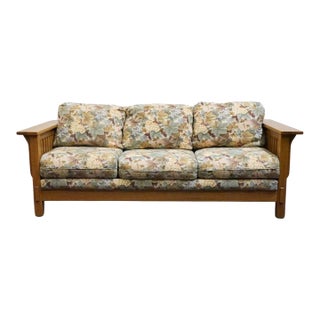 Flexsteel Quarter Sawn Oak Mission Style 82" Sofa W. Floral Upholstered Cushions For Sale