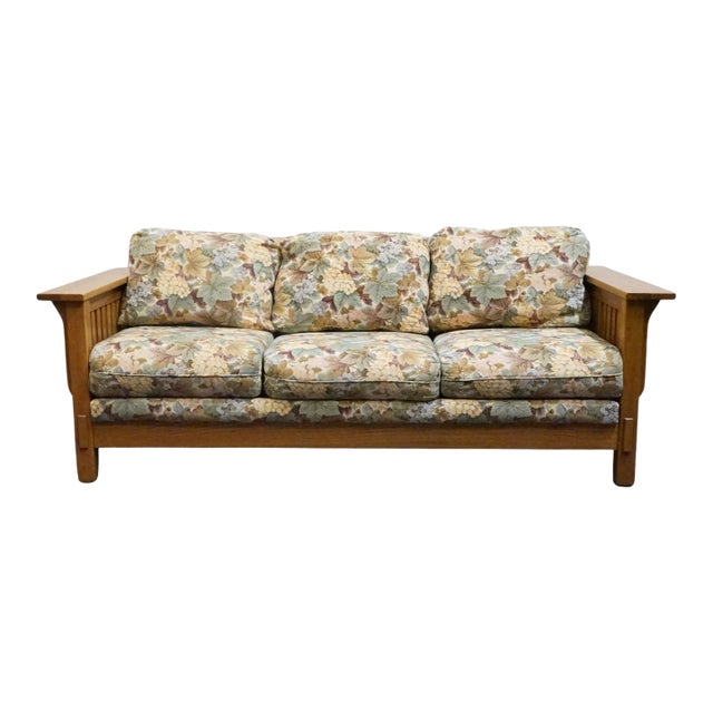 Flexsteel Quarter Sawn Oak Mission Style 82" Sofa W. Floral Upholstered Cushions For Sale