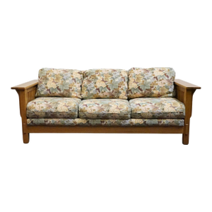 Flexsteel Quarter Sawn Oak Mission Style 82" Sofa W. Floral Upholstered Cushions