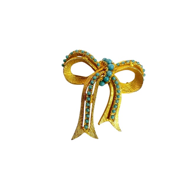 Vintage Jewelry Set by Ballet Jewels Gold Tone Faux Turquoise Brooch Earrings - 3 Pieces For Sale - Image 6 of 8