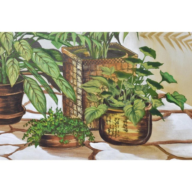 Vintage 1970s Large Green and White House Plant Painting by DeLongprie For Sale - Image 6 of 11