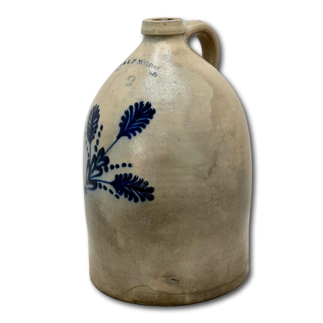 Ceramic Beautiful Antique American Blue Flower Decorated 3 Gallon Size Stoneware Jug by E & L P Norton in Bennington Vermont For Sale - Image 7 of 18