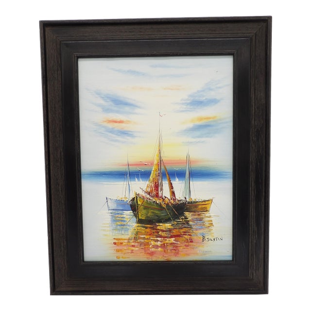 Original Signed Impressionist Oil Painting Sailboat Sunset in Black Rustic Frame For Sale