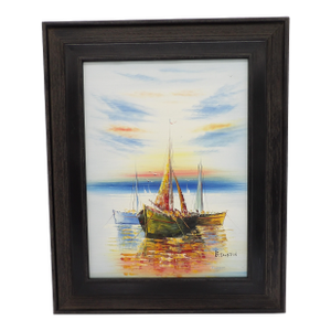 Original Signed Impressionist Oil Painting Sailboat Sunset in Black Rustic Frame