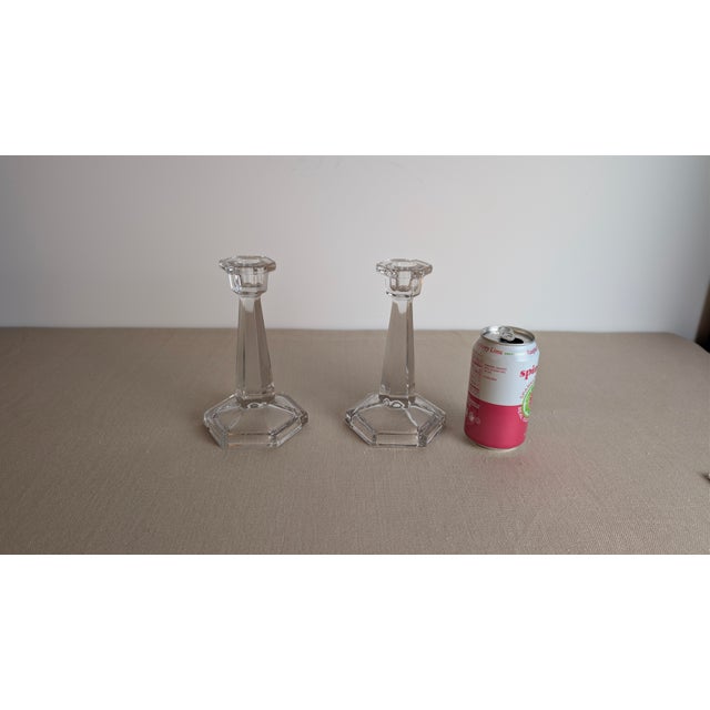 Pair of Vintage Clear Glass Candlesticks Candle Holders With Hexagonal Bases For Sale In New York - Image 6 of 6